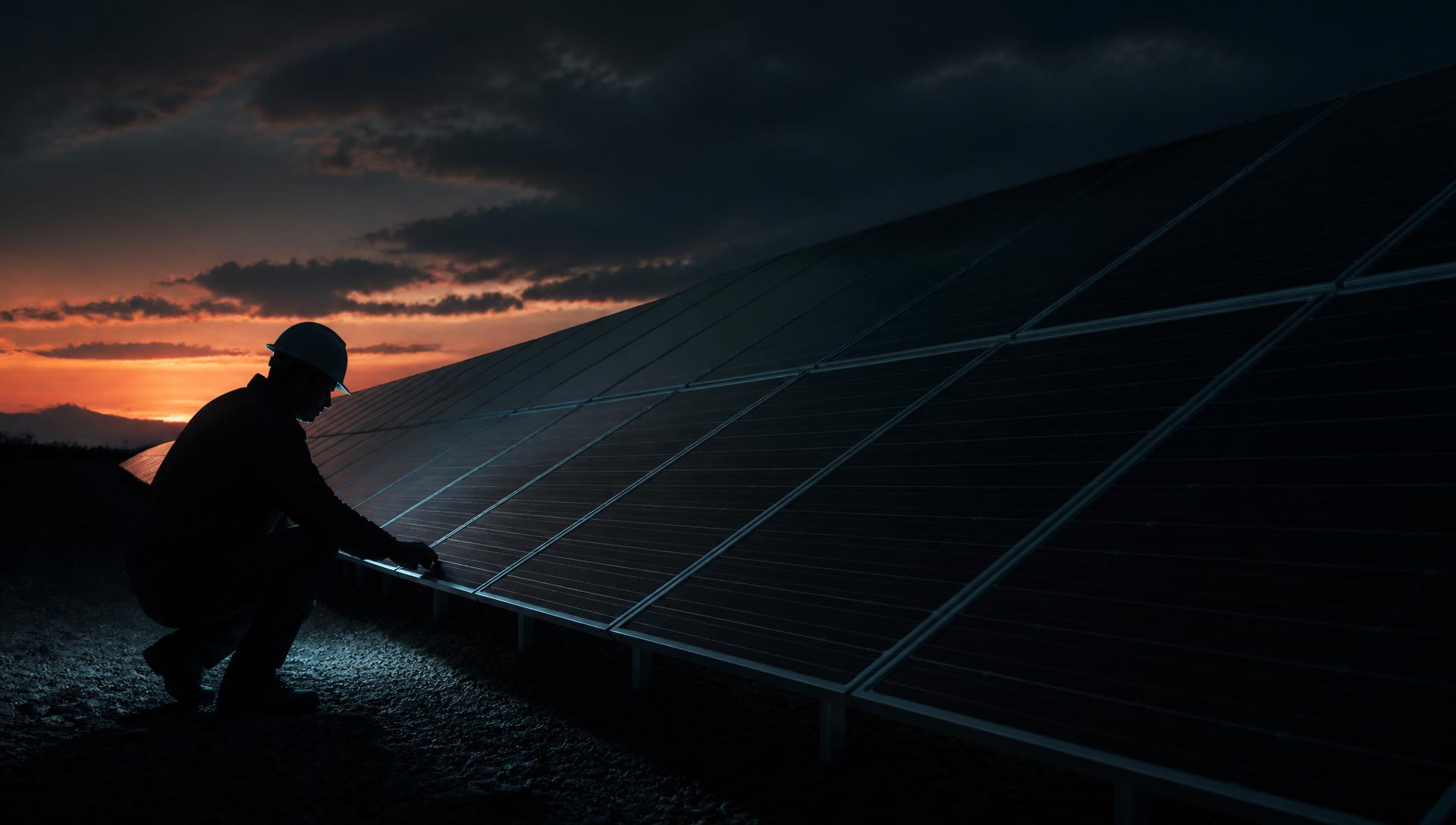 Solar technician working on a panel array at dusk